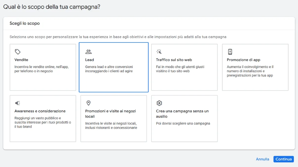 Scegliere obiettivo e tipo di campagna in Google Ads
